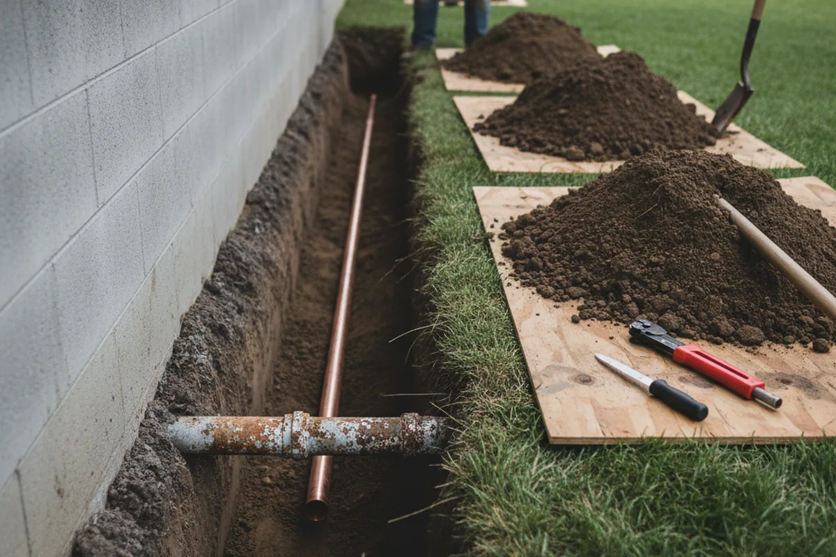 Excavated water line trench during Water Heater Repair in Stockbridge